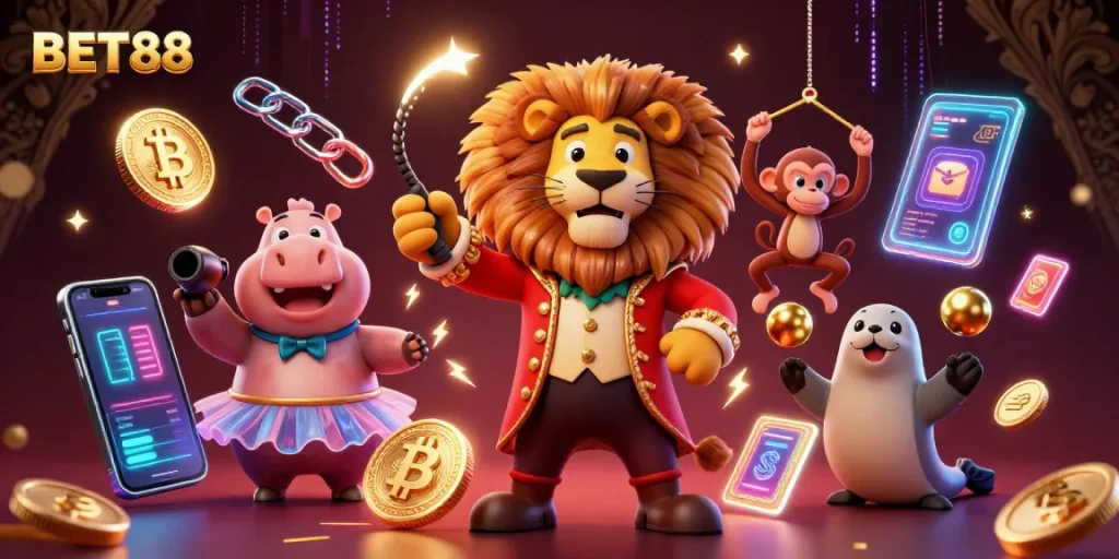 BET88 introduces a thrilling casino scene featuring a lion ringmaster and vibrant game elements.