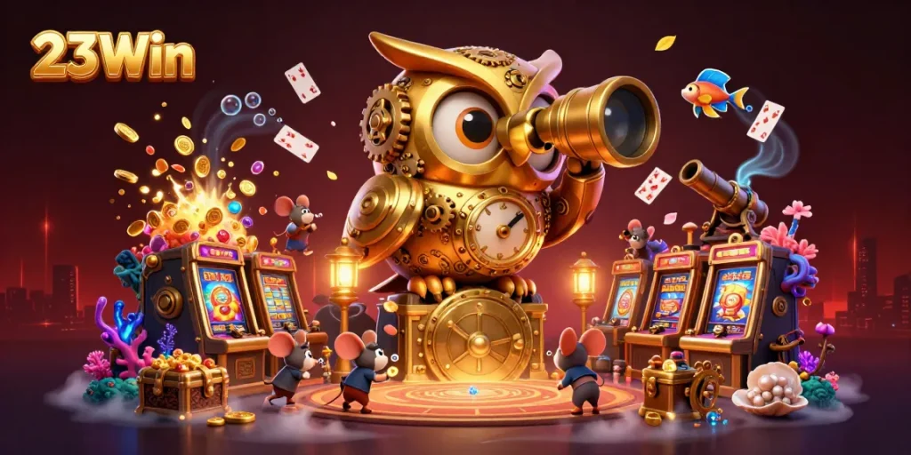Experience high-stakes gaming at 23Win with a vibrant casino scene featuring gold coins, slot machines, and animated elements.
