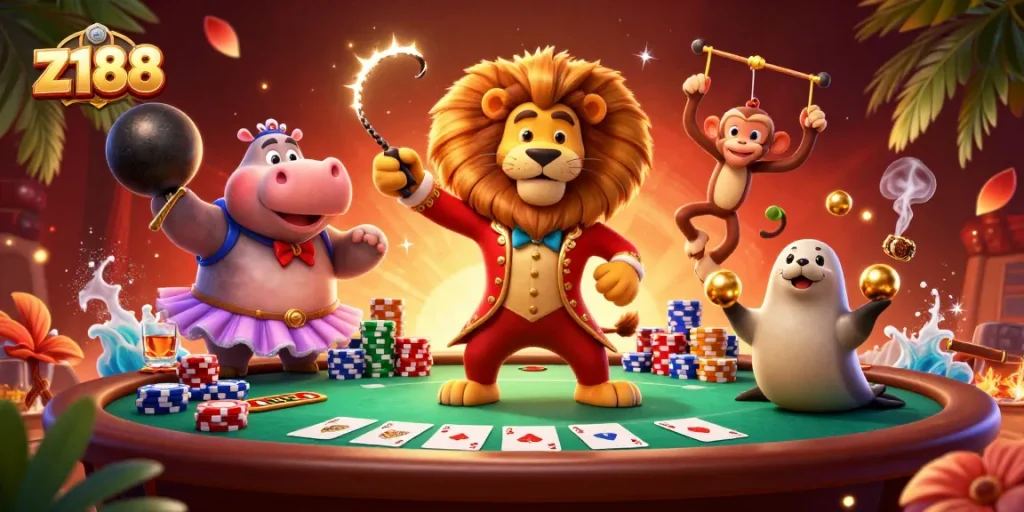 Engage in thrilling poker action with z188 amidst a vibrant circus-themed casino scene.