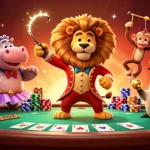 Engage in thrilling poker action with z188 amidst a vibrant circus-themed casino scene.