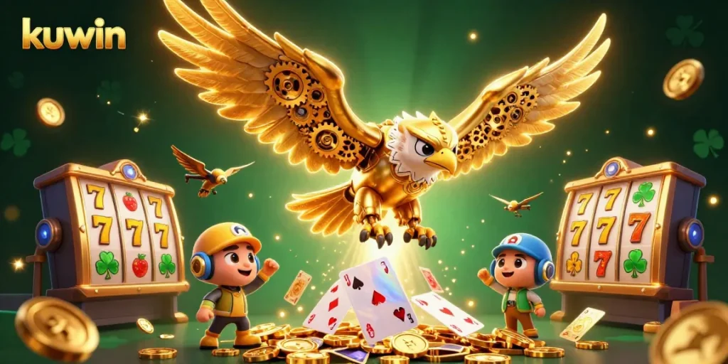 Kuwin features a 3D cybernetic golden eagle diving through vibrant casino elements, showcasing exciting games.