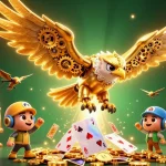 Kuwin features a 3D cybernetic golden eagle diving through vibrant casino elements, showcasing exciting games.
