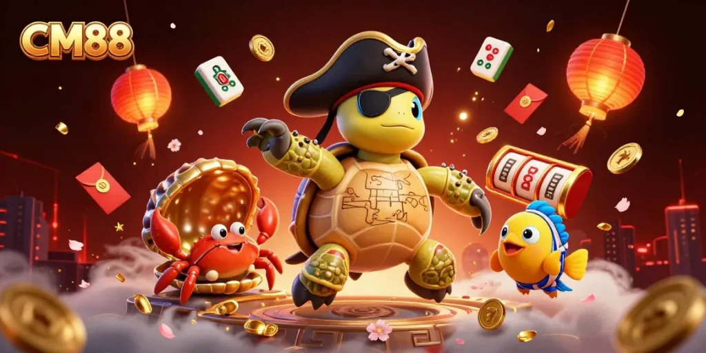 Engage in thrilling gameplay with CM88, featuring vibrant visuals of a pirate turtle and immersive casino elements.
