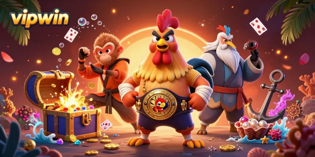 Experience thrilling victories at vipwin with an action-packed 3D casino scene featuring dynamic characters and vibrant treasures.