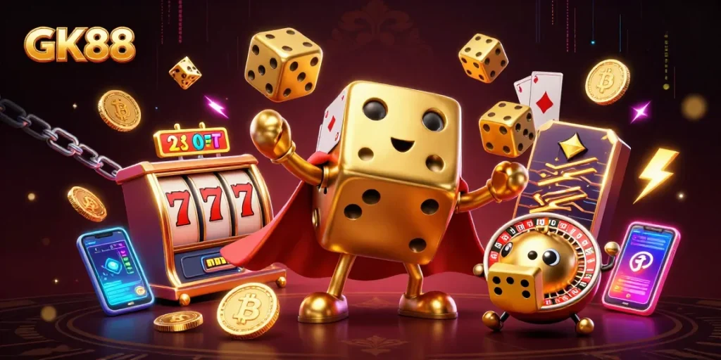 GK88 juggles golden dice in an electrifying casino scene with neon elements.