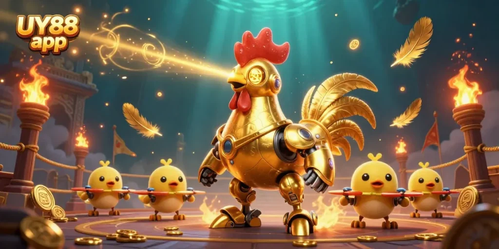 Engage with the UY88 app featuring dynamic robot action in a casino-themed scene.