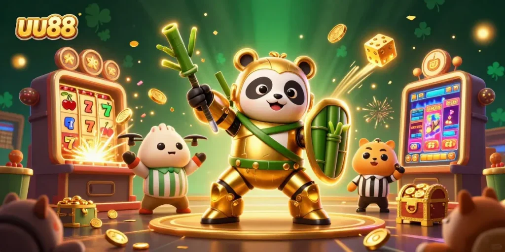 Experience excitement at uu88 casino with a golden panda in a mech-suit surrounded by vibrant slots and gaming elements.