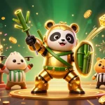 Experience excitement at uu88 casino with a golden panda in a mech-suit surrounded by vibrant slots and gaming elements.