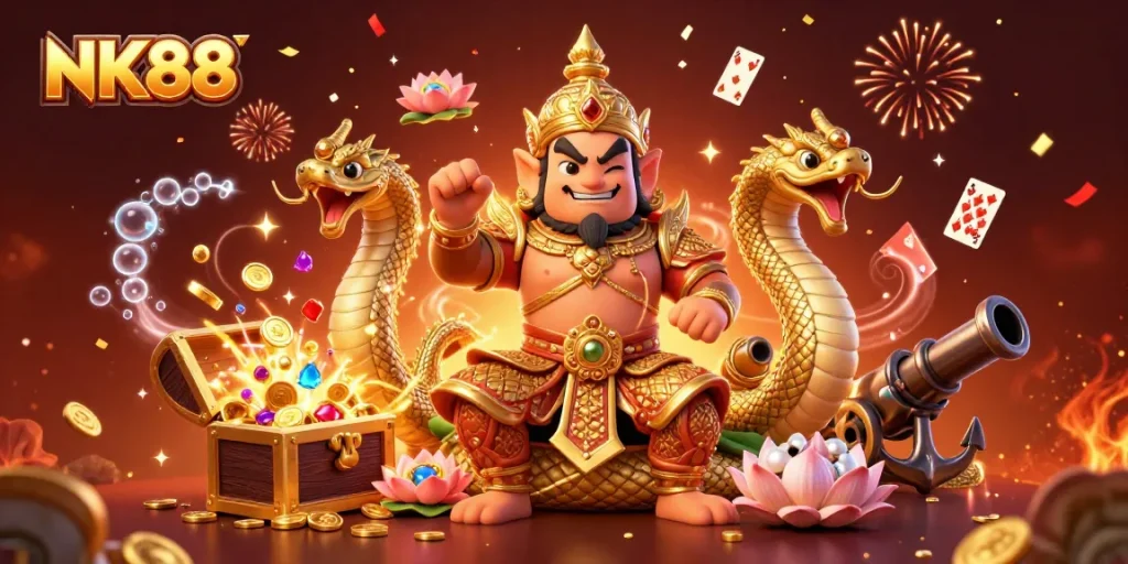 Experience thrilling wins at NK88 with vibrant 3D casino-themed illustration showcasing underwater treasure and excitement.