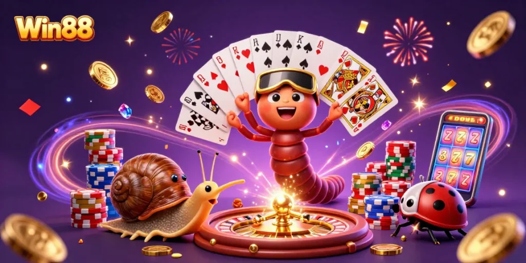 Win88 casino excitement depicted with vibrant characters playing cards and celebrating big wins amidst golden coins.
