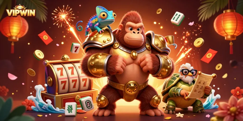 Experience thrilling slots action and vibrant play with VIPWIN in this colorful 3D casino illustration.