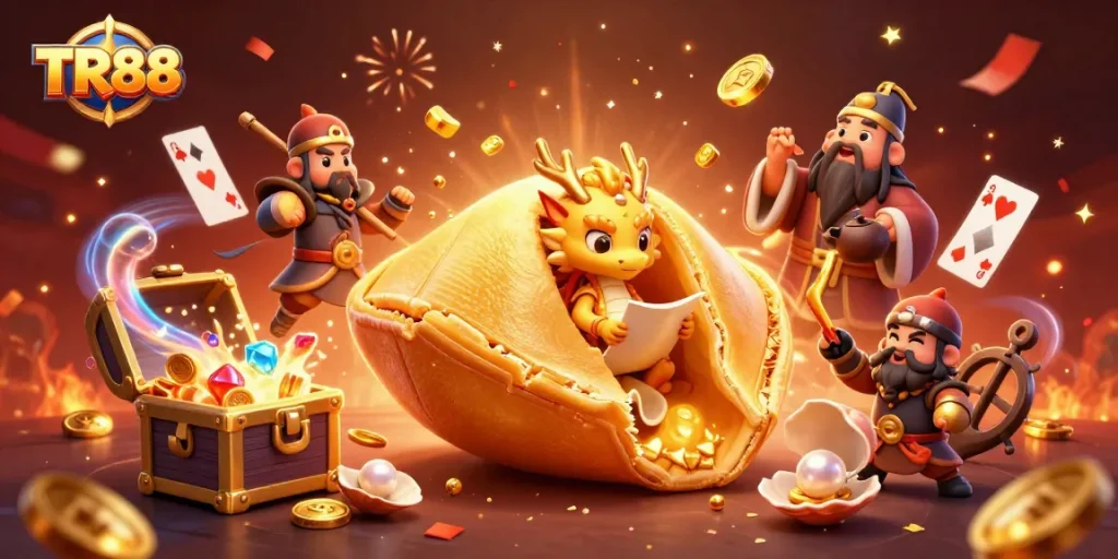 Join the TR88 adventure with a golden fortune cookie, a wise dragon, and playful chopstick warriors.