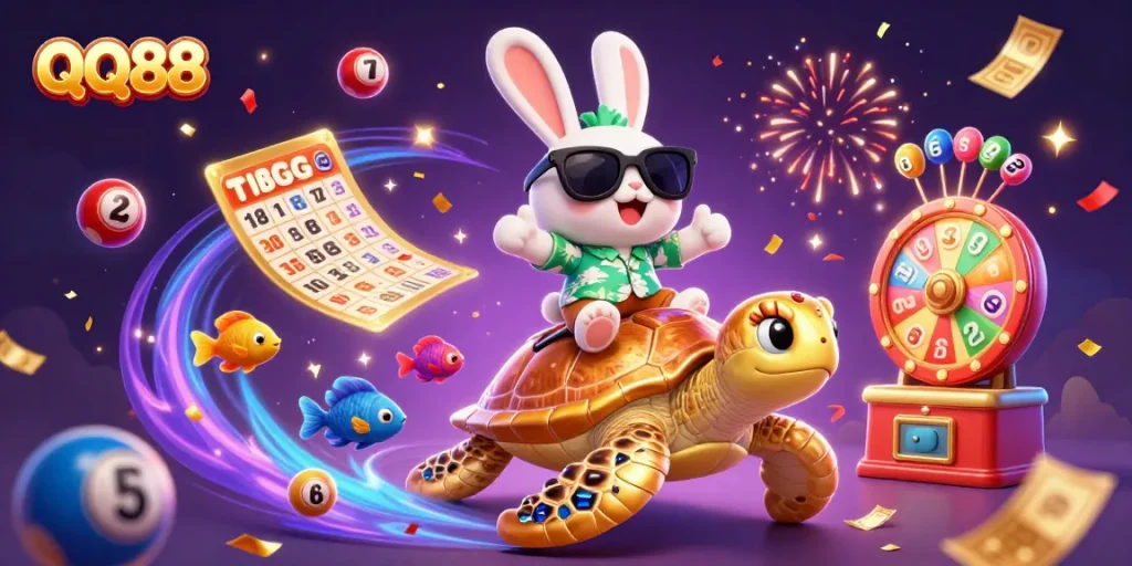 Experience the excitement of QQ88 with a lucky rabbit and golden turtle amid colorful casino elements.