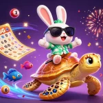 Experience the excitement of QQ88 with a lucky rabbit and golden turtle amid colorful casino elements.