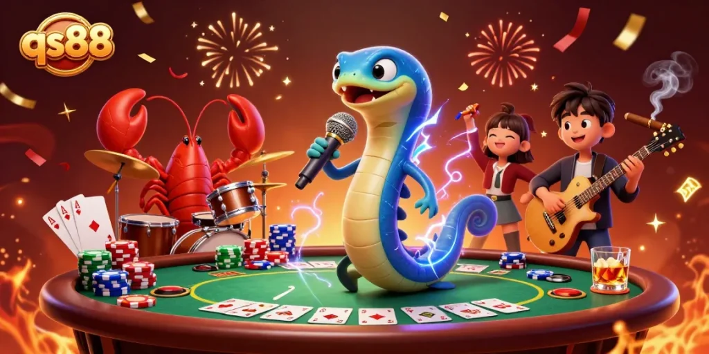 qs88 players thrill at an underwater casino with an electric eel DJ, poker action, and exciting atmosphere