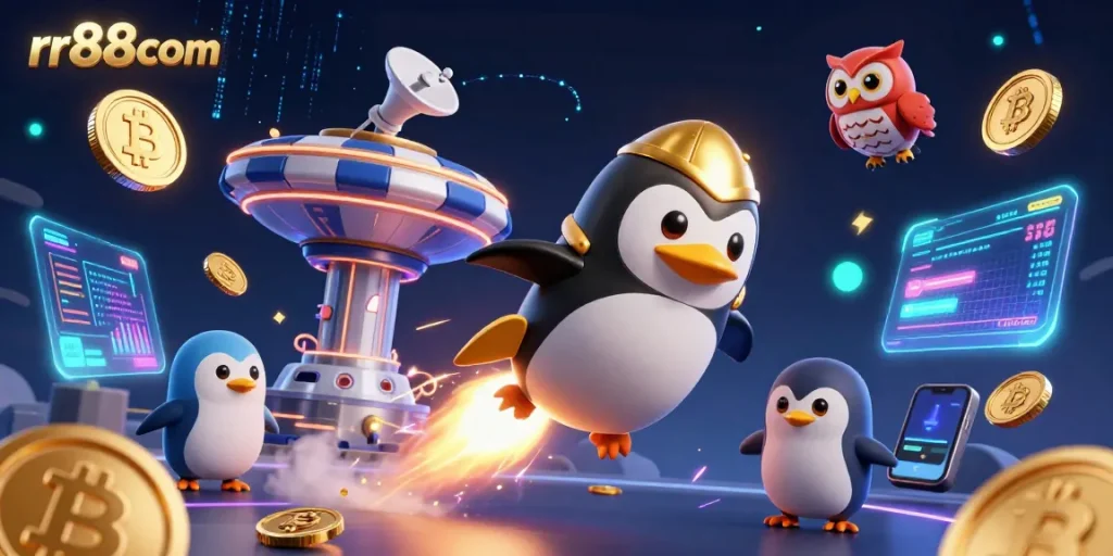 Experience the thrill of winning at rr88com with our vibrant casino-themed illustration featuring a golden penguin!