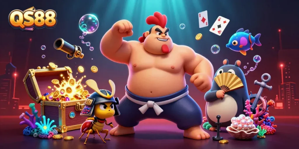 Experience the excitement of QS88 as the mythical rooster wrestler faces off against a fierce cricket in a vibrant gaming scene.