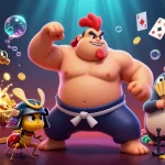 Experience the excitement of QS88 as the mythical rooster wrestler faces off against a fierce cricket in a vibrant gaming scene.