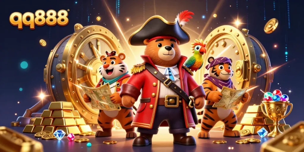 Engage in thrilling adventures with qq888 as a pirate captain bear leads a treasure hunt.