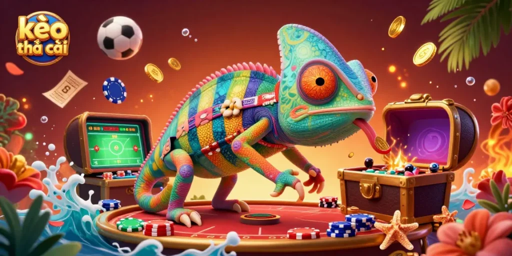 Explore innovative kèo nhà cái strategies with a dynamic 3D casino-themed illustration showcasing vibrant action.