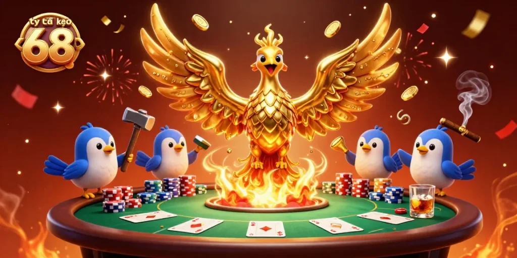 Experience thrilling actions of tỷ lệ kèo 68 with golden phoenix and vibrant poker elements.