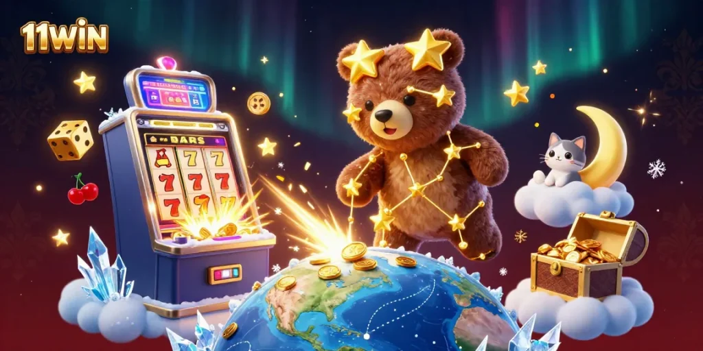 Experience captivating gameplay at 11WIN, where stars, slots, and sparks meet in a vibrant casino scene.