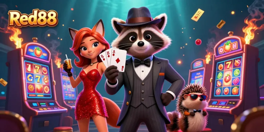 Red88 introduces a thrilling scene with a suave raccoon, stunning fox, and vigilant hedgehog amidst vibrant slot machines.