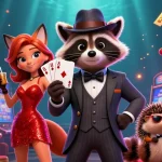 Red88 introduces a thrilling scene with a suave raccoon, stunning fox, and vigilant hedgehog amidst vibrant slot machines.