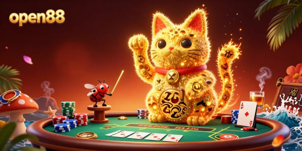 Engage with open88's dynamic poker scene featuring lucky cat fireflies in action.