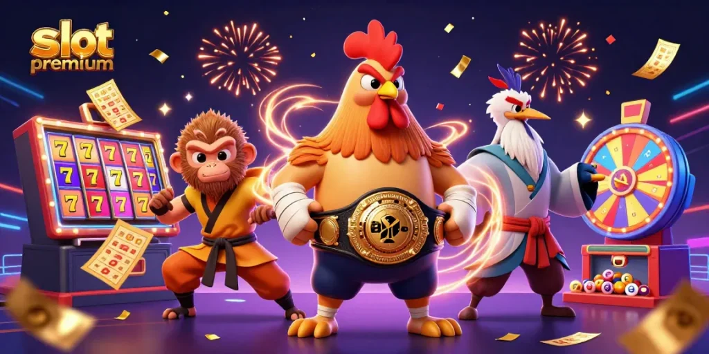 Engage with slot premium excitement through a vibrant casino-themed scene with dynamic characters and elements.