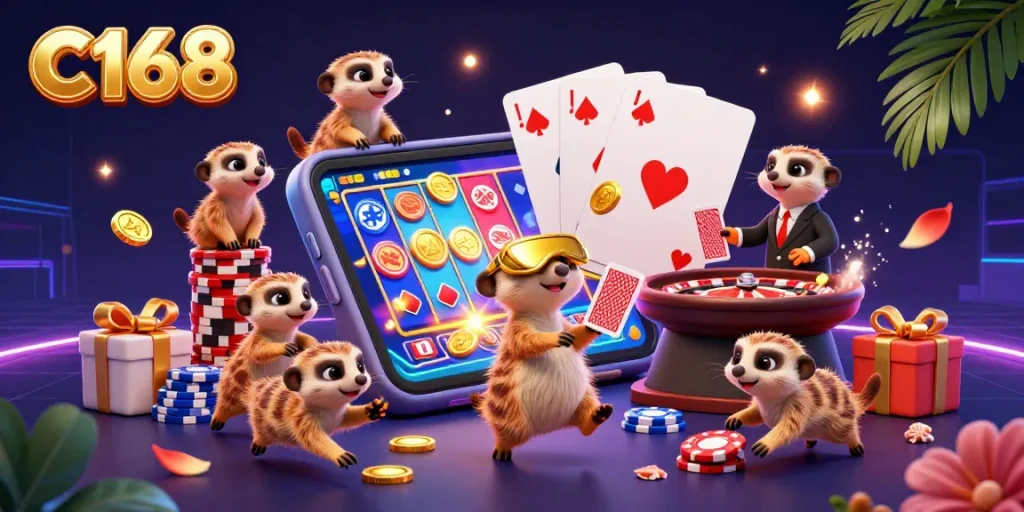 C168 casino illustration with meerkats running a casino operation, showcasing vibrant gaming elements dynamically.