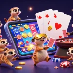 C168 casino illustration with meerkats running a casino operation, showcasing vibrant gaming elements dynamically.
