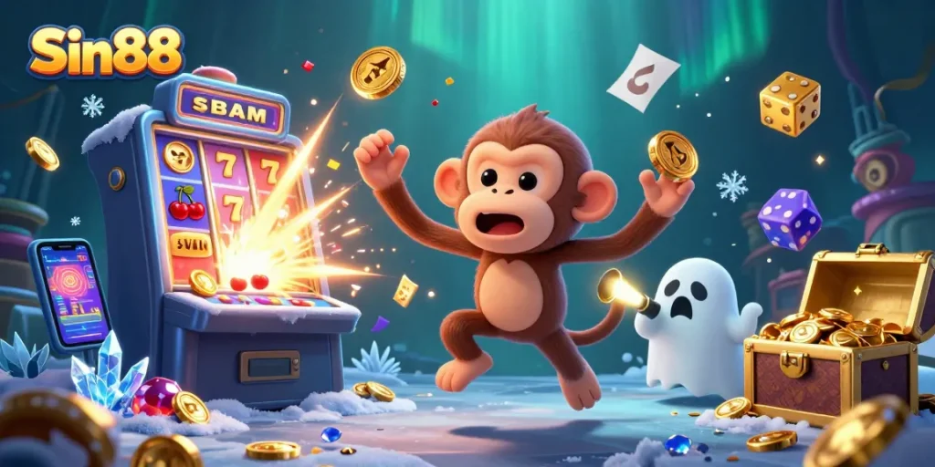 Sin88 enhances the casino experience with a playful poltergeist monkey juggling tokens and a ghost-hunter puppy exploring.