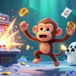 Sin88 enhances the casino experience with a playful poltergeist monkey juggling tokens and a ghost-hunter puppy exploring.