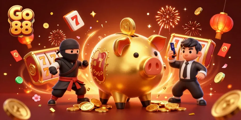 Experience exciting gameplay with Go 88 as gold coins rain down in a vibrant casino scene.