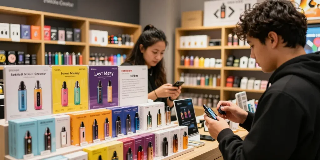 Shop for top disposable vapes in the USA featuring popular brands and a vibrant retail atmosphere.