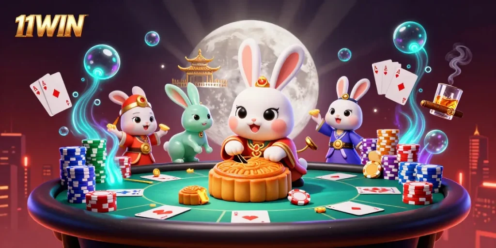 Win big with 11WIN as a moon rabbit reveals poker chips in a vibrant casino scene.