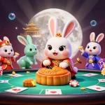 Win big with 11WIN as a moon rabbit reveals poker chips in a vibrant casino scene.