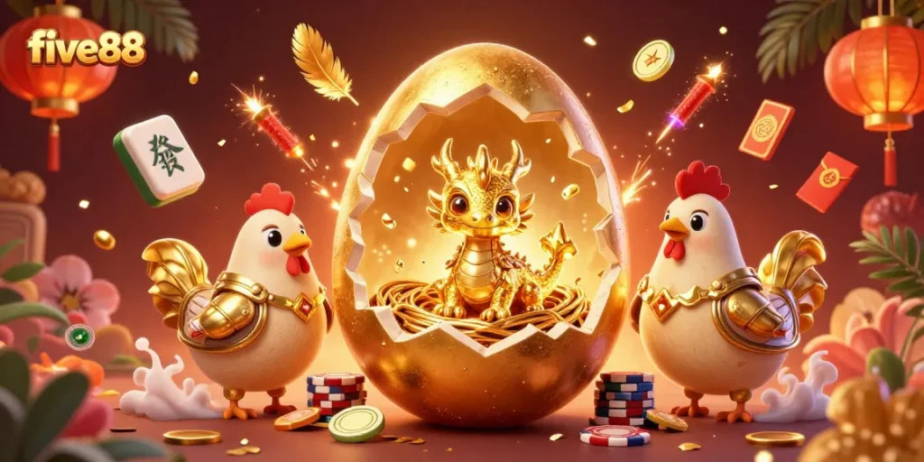 Experience the excitement of five88 with a sparkling scene of a golden dragon and poker chips.