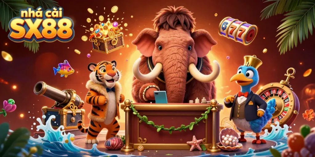 Experience excitement at nhà cái SX88 with a vibrant casino scene featuring unique characters and game elements.