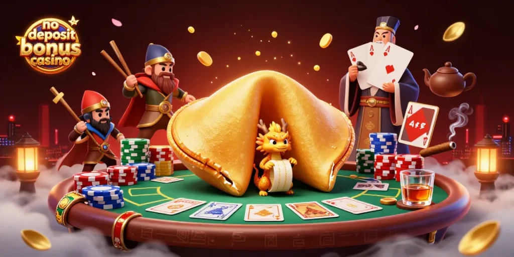 Experience thrilling gameplay at a no deposit bonus casino with a dynamic 3D illustration of a golden fortune cookie and poker elements.
