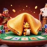 Experience thrilling gameplay at a no deposit bonus casino with a dynamic 3D illustration of a golden fortune cookie and poker elements.