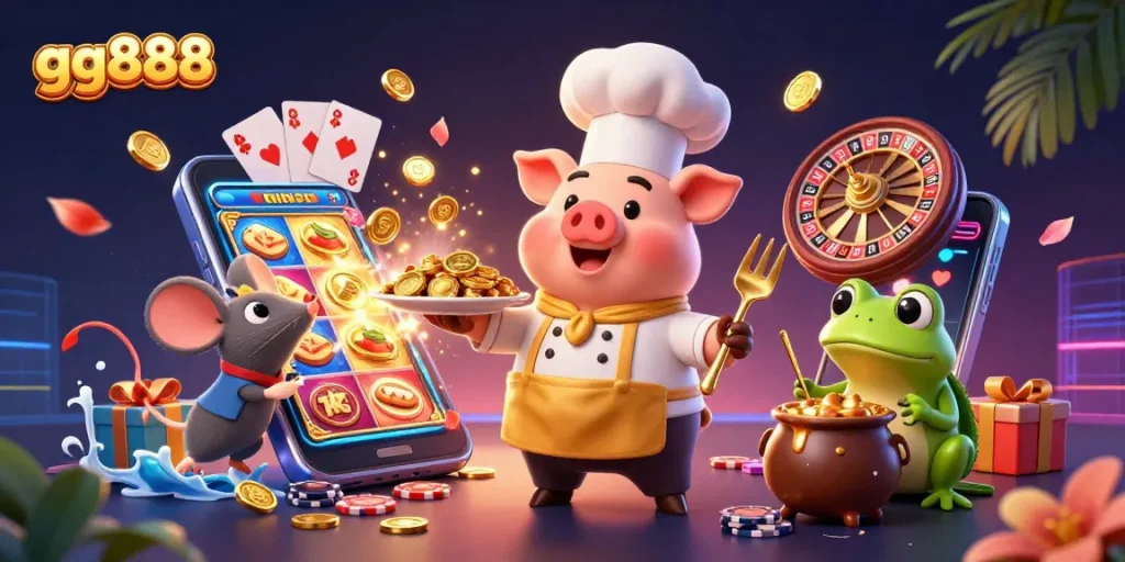 Engage with gg888's bright casino world featuring vibrant characters and immersive game elements.
