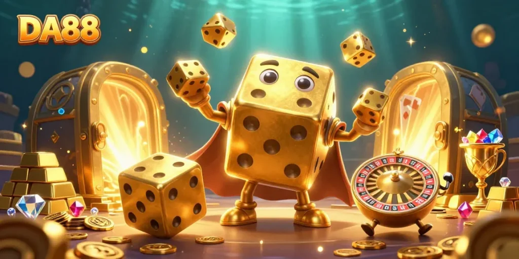 Experience DA88 with vibrant 3D gambling illustration showcasing golden characters and treasure.