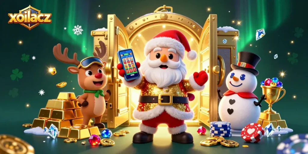 Spin the slots to win big with xoilacz in this lively casino scene featuring Santa and friends.
