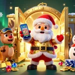 Spin the slots to win big with xoilacz in this lively casino scene featuring Santa and friends.