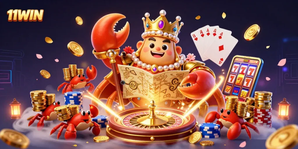 Unlock exciting wins with 11WIN during a vibrant casino adventure featuring golden crab emperor.