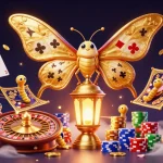 Watch thrilling matches on luongsontv with the gold-winged moth amidst casino excitement.