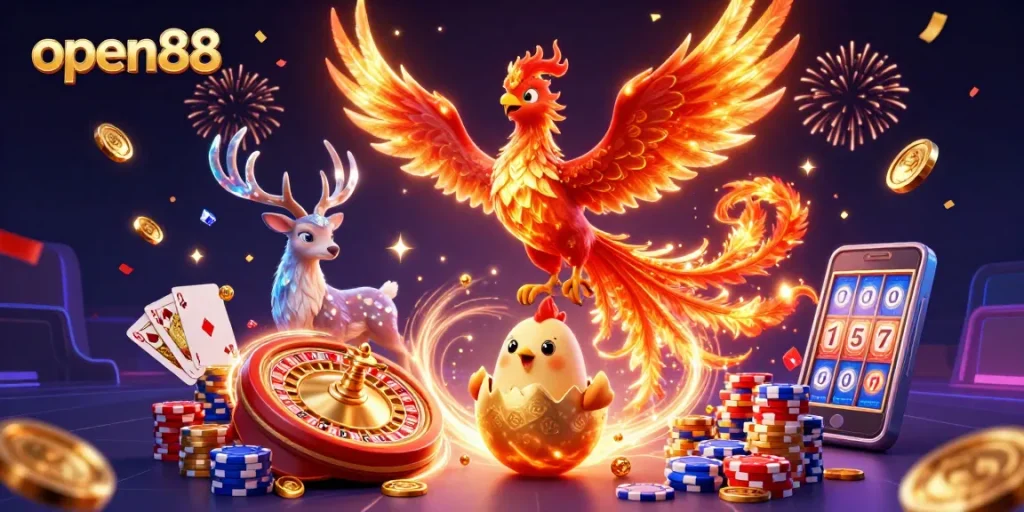 Join the excitement at open88 with a 3D illustration of a phoenix, coins flying, and casino games!