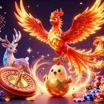 Join the excitement at open88 with a 3D illustration of a phoenix, coins flying, and casino games!